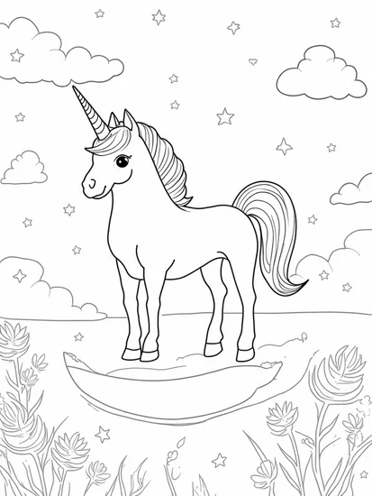 A coloring page of Unicorn on a dream island