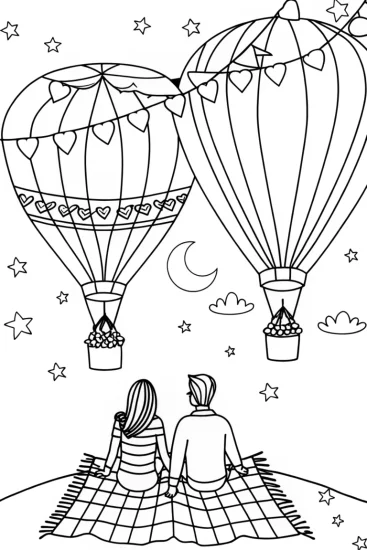 A coloring page of Couples at a hot air balloon festival