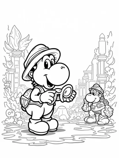 A coloring page of Yoshi’s treasure hunt