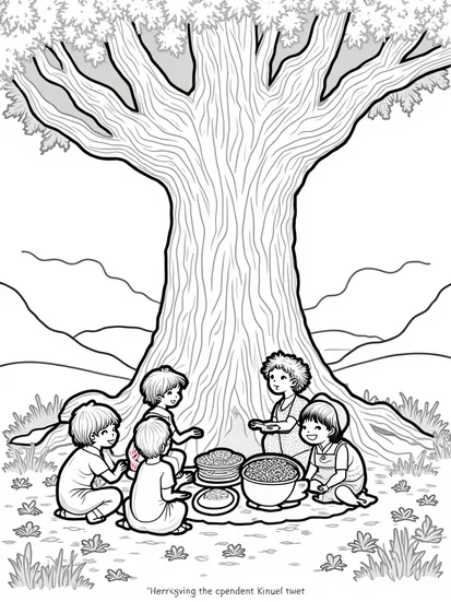 A coloring page of Thanksgiving under the ancient tree