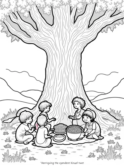 A coloring page of Thanksgiving under the ancient tree