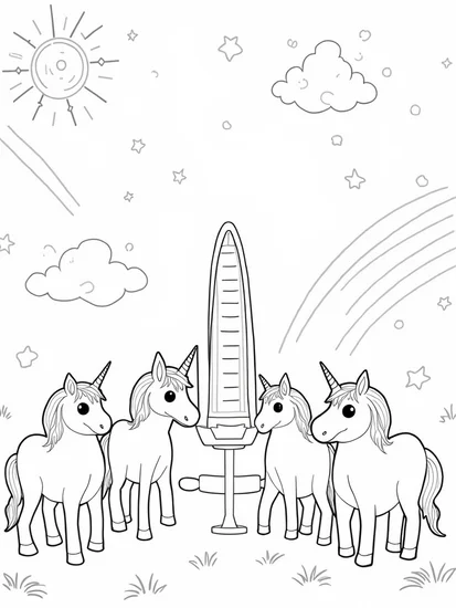 A coloring page of Unicorns at the weather station