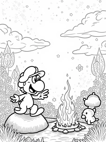 A coloring page of Yoshi storytelling by the campfire