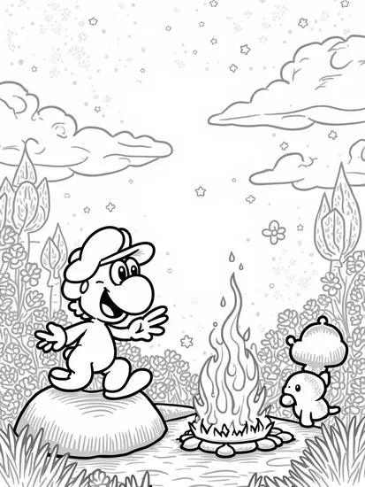A coloring page of Yoshi storytelling by the campfire