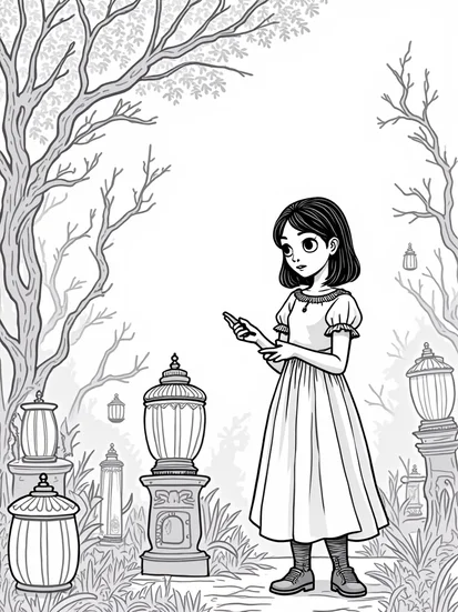A coloring page of Wednesday Addams at the lantern festival