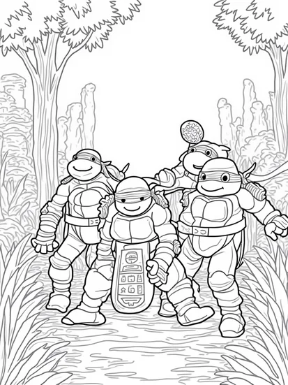 A coloring page of Teenage Mutant Ninja Turtles treasure hunt