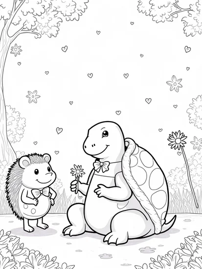 A coloring page of Tortoise and hedgehog in a garden