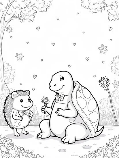 A coloring page of Tortoise and hedgehog in a garden