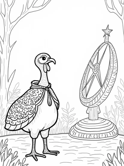 A coloring page of Turkey the timekeeper in the forest