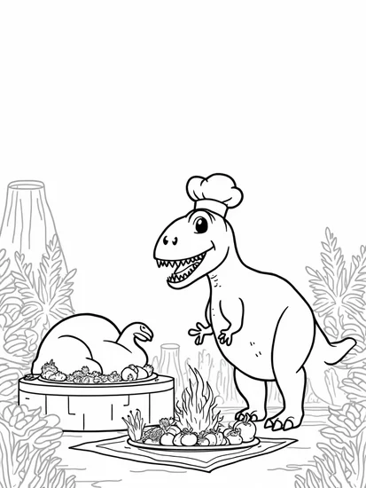 A coloring page of T-Rex cooking a Thanksgiving feast