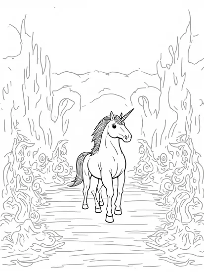 A coloring page of Unicorn in a mystical arena