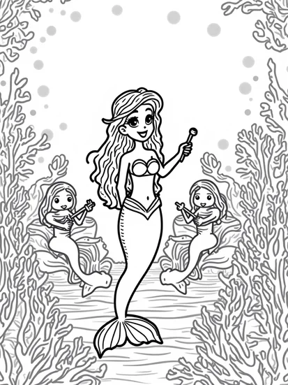 A coloring page of Mermaid concert in coral forest