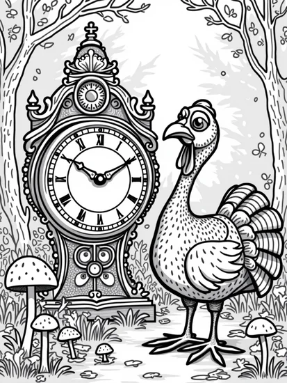 A coloring page of Turkey discovering a magical clock
