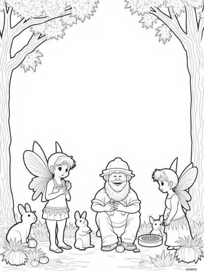 A coloring page of Thanksgiving in the enchanted forest