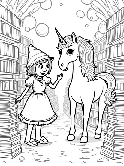 A coloring page of Unicorn in the enchanted bookstore