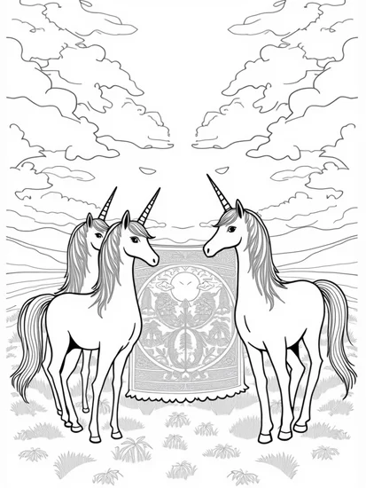 A coloring page of Unicorns weaving a magical tapestry