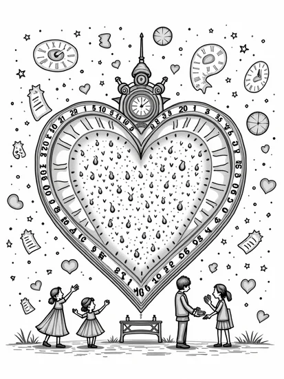 A coloring page of Heart-shaped time machine adventure
