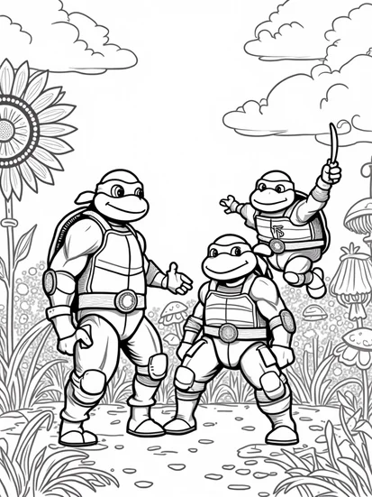 A coloring page of Teenage Mutant Ninja Turtles battle
