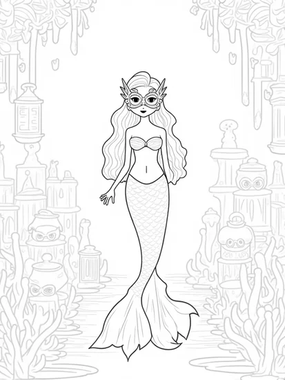 A coloring page of Mermaid hosting an undersea ball