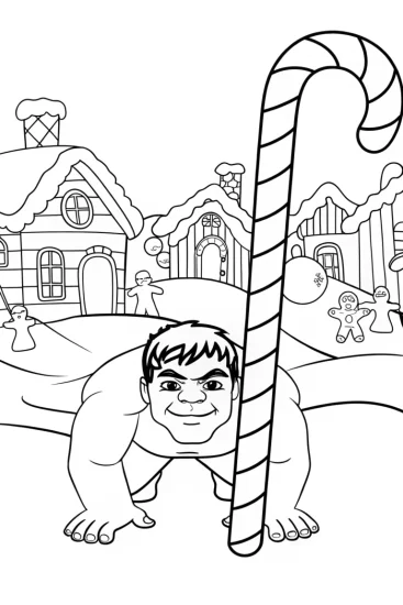 A coloring page of Hulk hiding in gingerbread village
