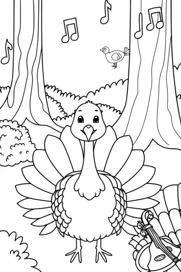 A coloring page of Turkey in a magical forest