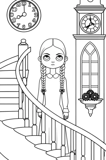 A coloring page of Wednesday Addams in the clock tower