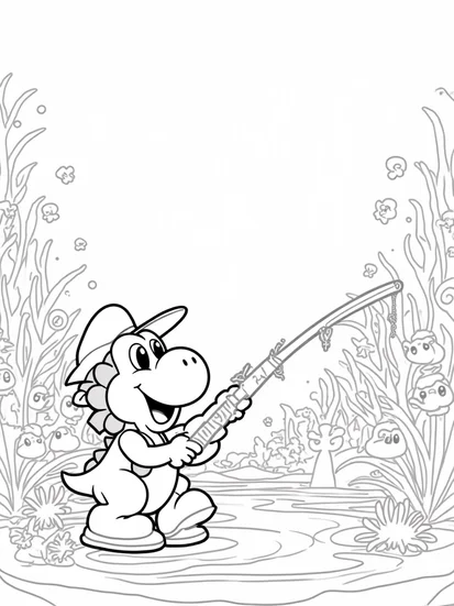 A coloring page of Yoshi fishing in an underwater forest