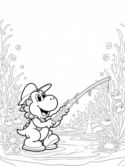 A coloring page of Yoshi fishing in an underwater forest