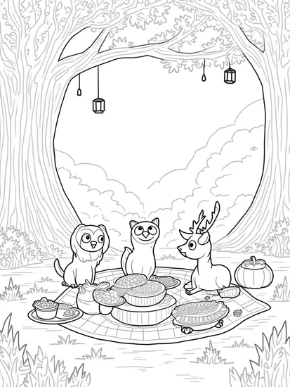 A coloring page of Thanksgiving dinner in the forest