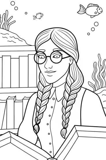 A coloring page of Mermaid librarian organizing books