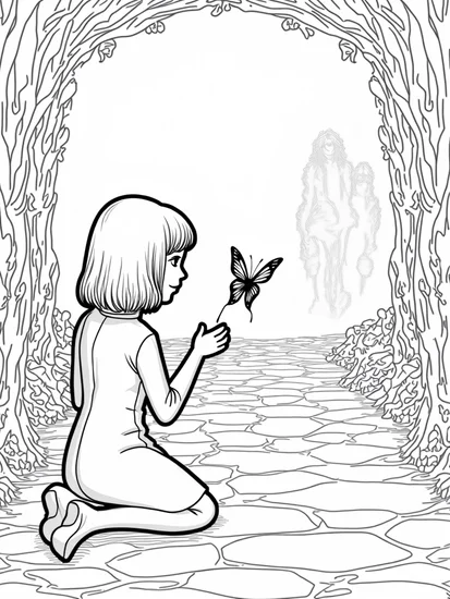 A coloring page of Wednesday Addams in a shadowy garden
