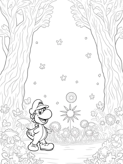 A coloring page of Yoshi in a magical forest