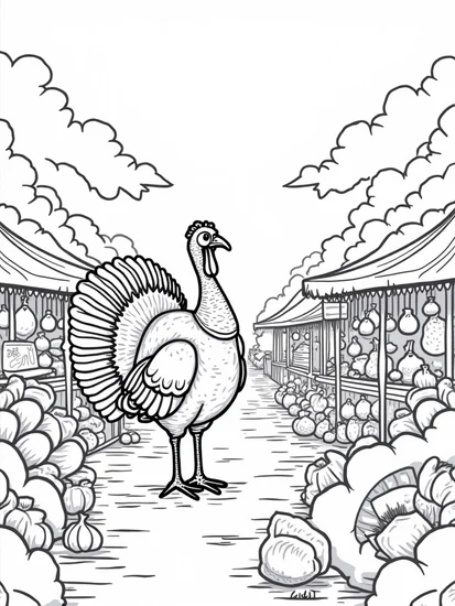 A coloring page of Tom exploring a floating market
