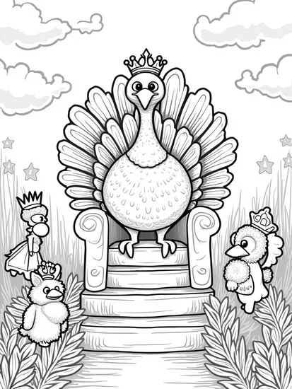 A coloring page of Turkey on a throne of feathers