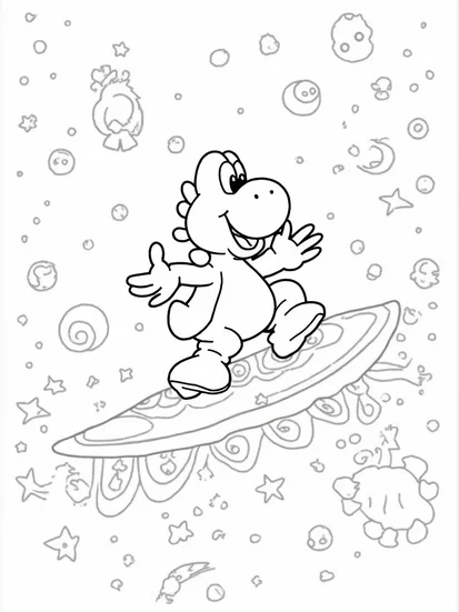 A coloring page of Yoshi surfing on a cosmic wave