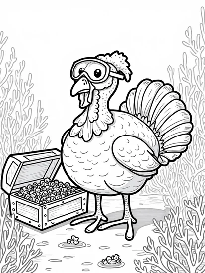A coloring page of Turkey exploring an underwater world