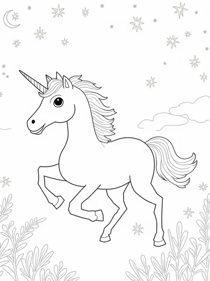 A coloring page of Unicorn in a magical garden