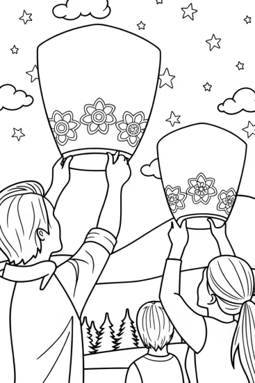 A coloring page of Thanksgiving sky lanterns release