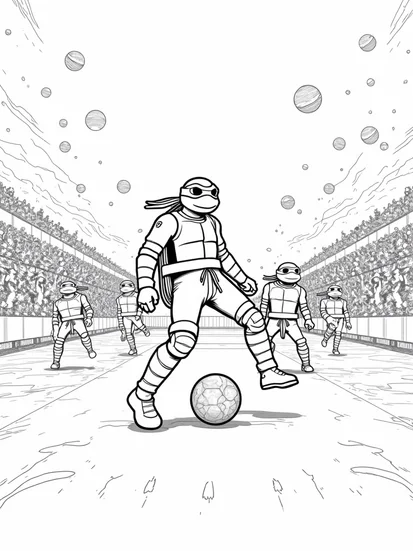 A coloring page of TMNT playing soccer in space