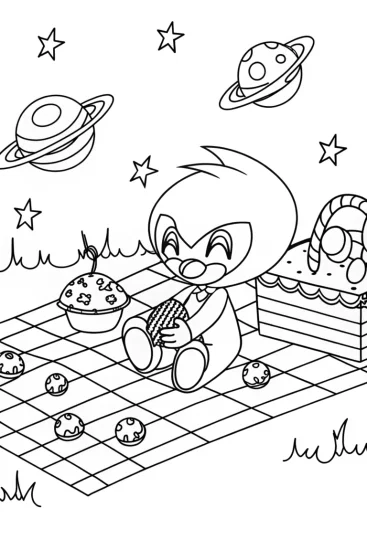 A coloring page of Super Sonic’s galactic picnic