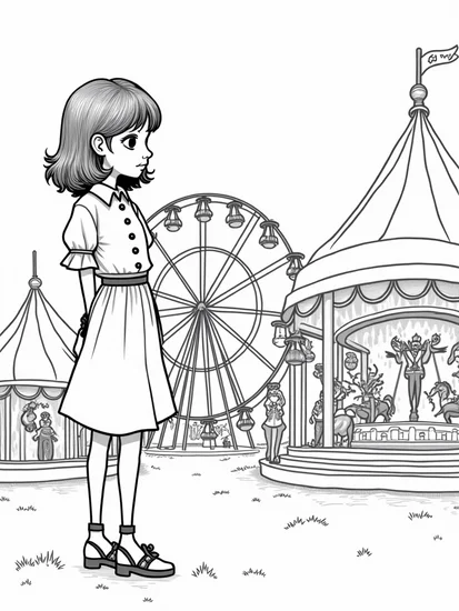 A coloring page of Wednesday Addams at the carnival