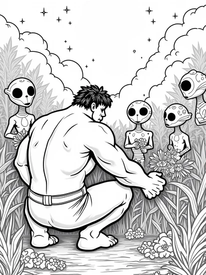 A coloring page of Hulk gardening on an alien planet