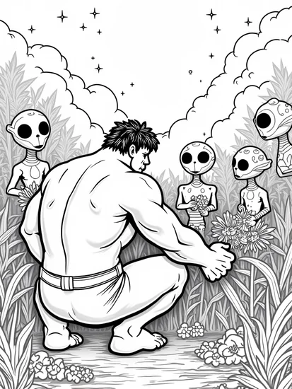 A coloring page of Hulk gardening on an alien planet