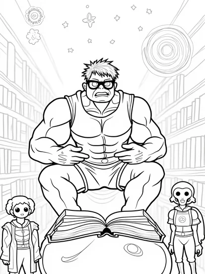 A coloring page of Hulk as a cosmic librarian