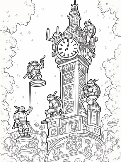 A coloring page of TMNT in the enchanted clock tower