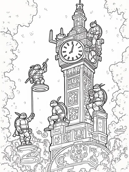 A coloring page of TMNT in the enchanted clock tower