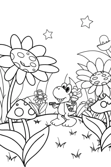 A coloring page of Yoshi in a magical garden