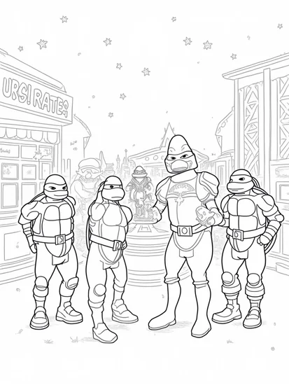A coloring page of TMNT at a cosmic carnival
