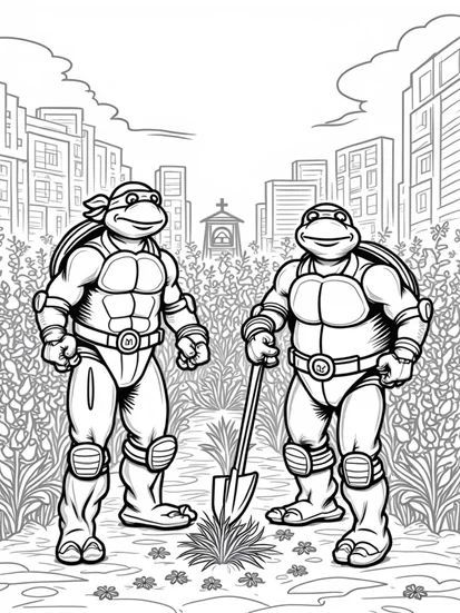 A coloring page of Turtles planting in the park
