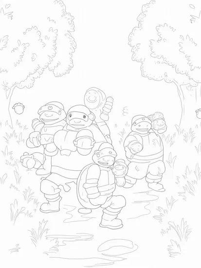A coloring page of Teenage Mutant Ninja Turtles in an orchard